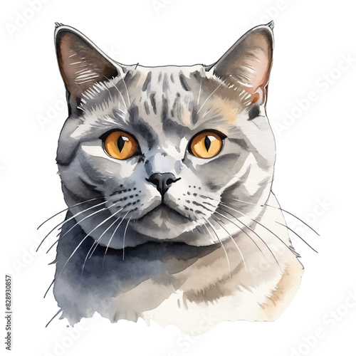 British Shorthair Cat Portrait Hand Drawn Watercolor Painting Illustration