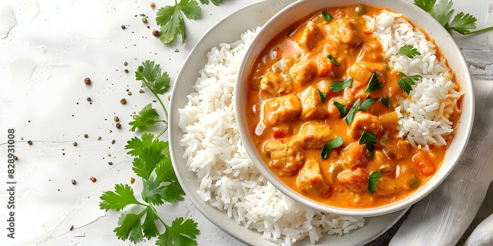 Spicy chicken tikka masala curry with rice on white background. Concept Food Photography, Indian Cuisine, Chicken Dish, Spicy Curry, Rice Presentation Spicy chicken tikka masala curry with rice on white background. Concept Food Photography, Indian Cuisine, Chicken Dish, Spicy Curry, Rice Presentation