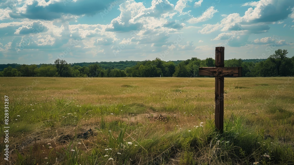 A solitary wooden cross in an expansive field, capturing a Memorial Day tribute selective focus, quiet remembrance, whimsical, composite with a distant forest backdrop A solitary wooden cross in an expansive field, capturing a Memorial Day tribute selective focus, quiet remembrance, whimsical, composite with a distant forest backdrop