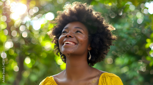 Cheerful lady: smiling afro-model with joyful expression, embracing freedom and happiness in natural sunlight, walking in a green city park isolated on white background, png
 photo