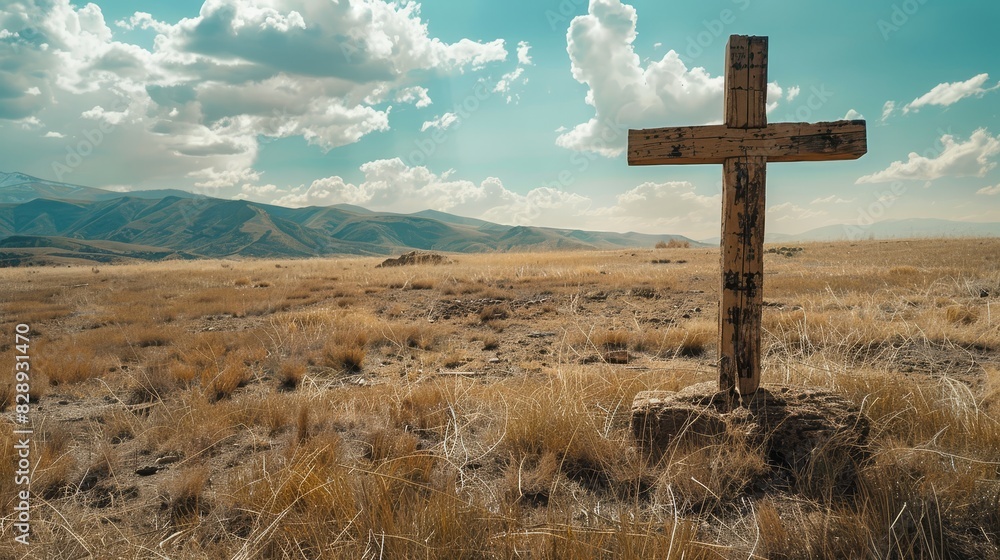 A wooden cross alone in a sprawling field, signifying a Memorial Day tribute close up, reflective honor, dynamic, blend mode with a mountain range backdrop A wooden cross alone in a sprawling field, signifying a Memorial Day tribute close up, reflective honor, dynamic, blend mode with a mountain range backdrop