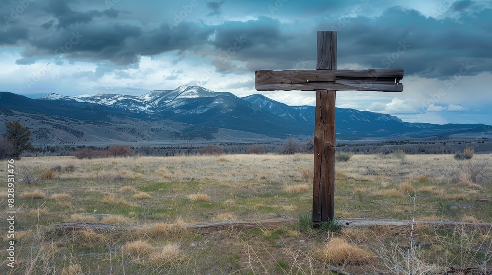 A wooden cross alone in a sprawling field, signifying a Memorial Day tribute close up, reflective honor, dynamic, blend mode with a mountain range backdrop A wooden cross alone in a sprawling field, signifying a Memorial Day tribute close up, reflective honor, dynamic, blend mode with a mountain range backdrop