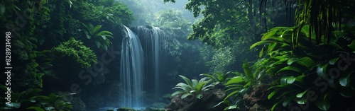 This image showcases a powerful waterfall surrounded by lush greenery in a tropical rainforest setting