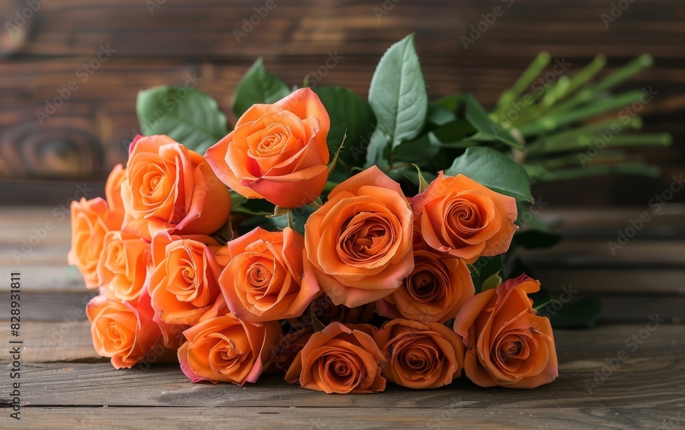 A bouquet of orange roses arranged neatly on a rustic wooden table A bouquet of orange roses arranged neatly on a rustic wooden table
