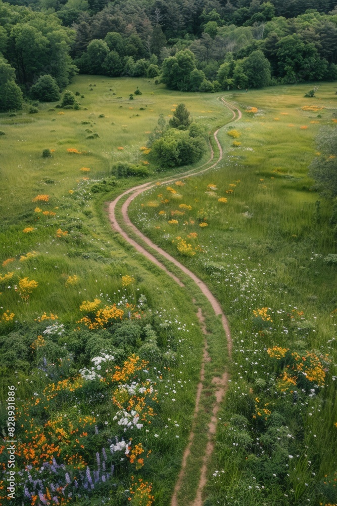 Naklejka premium Aerial shot of a winding path cutting through a field of wildflowers, leading towards a hidden grove of trees