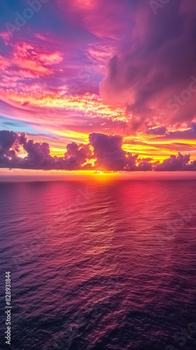 Aerial shot of a vibrant sunset over a vast ocean  with dramatic clouds ablaze with color