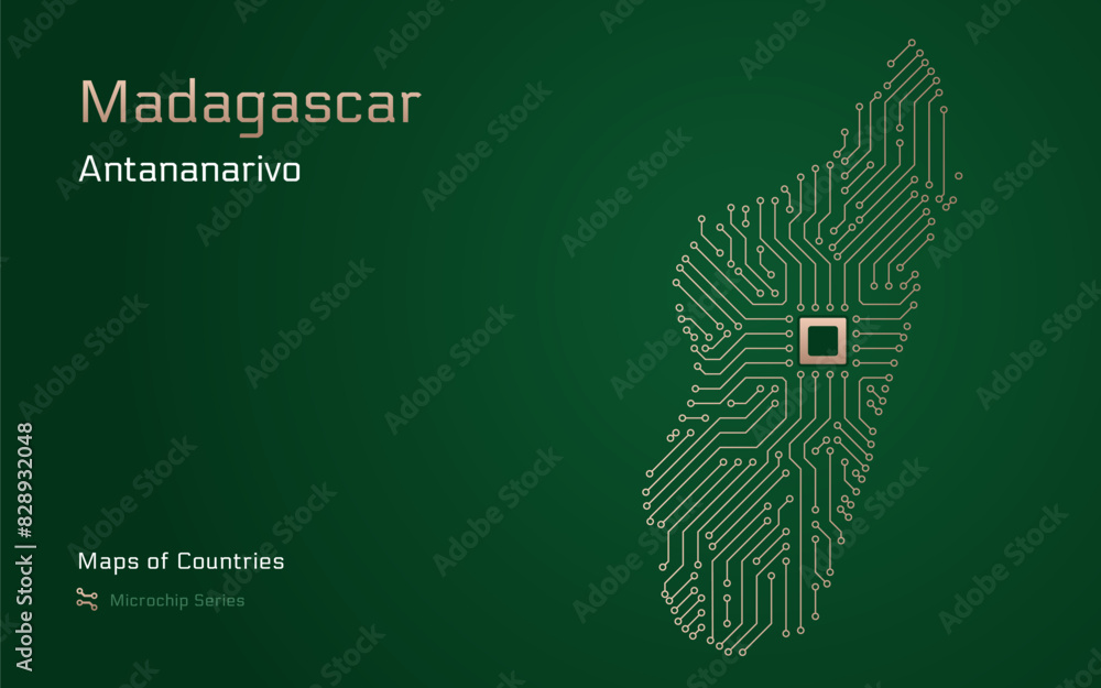 Naklejka premium Madagascar Map with a capital of Antananarivo Shown in a Microchip Pattern with processor. E-government. World Countries vector maps. Microchip Series