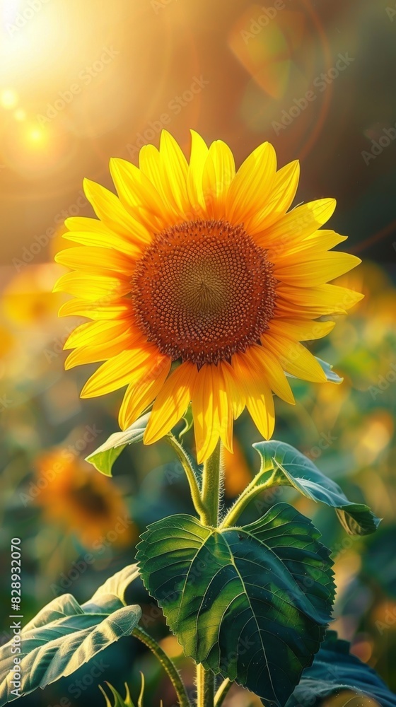 Fototapeta premium A bright yellow sunflower stands tall among a field of sunflowers in a sunny nature setting