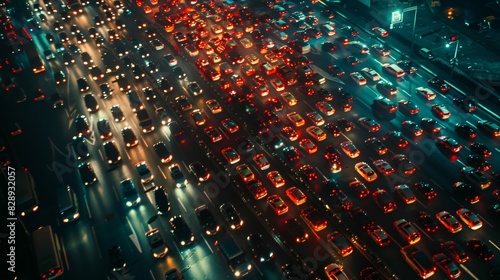 Aerial view of a traffic jam at night, a gridlock of headlights and taillights creating abstract patterns photo