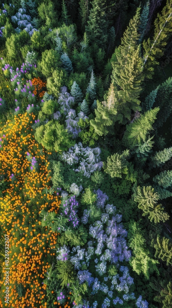 Aerial view of a vibrant wildflower field bordering a dense forest Aerial view of a vibrant wildflower field bordering a dense forest