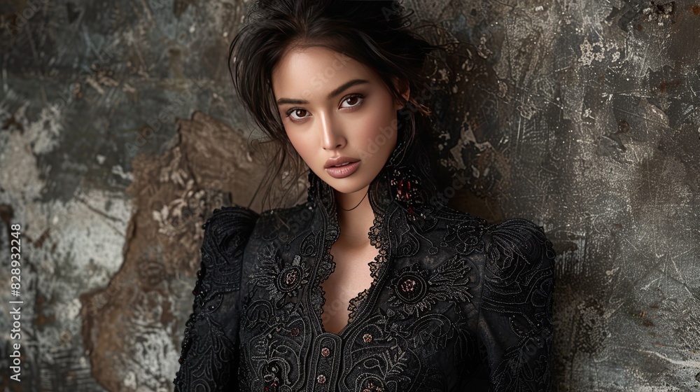 Fototapeta premium girl fashion with intricate lace details and embellishments photographed in daylight