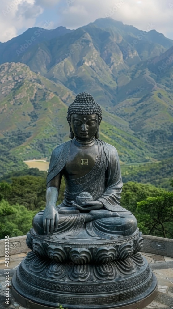 A Buddha statue seated atop a stone platform on a mountain A Buddha statue seated atop a stone platform on a mountain