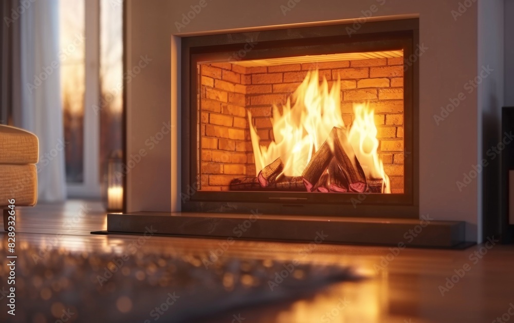 Fototapeta premium A fire burns brightly in a fireplace, casting a warm glow in a modern living room setting