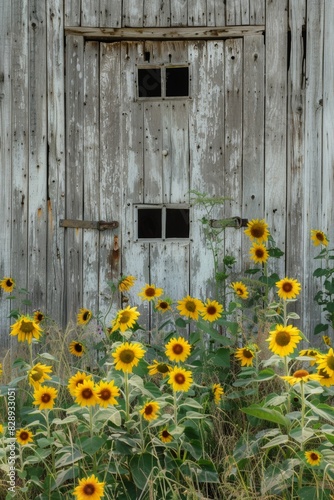 Close-up of a weathered barn door framed by vibrant sunflowers, capturing the rustic charm of a summer landscape