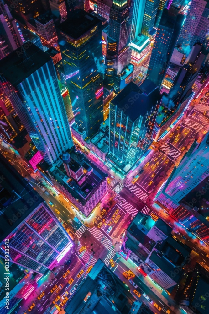 Downtown cityscape at night from above, a grid of illuminated streets, vibrant building lights, and bustling traffic Downtown cityscape at night from above, a grid of illuminated streets, vibrant building lights, and bustling traffic