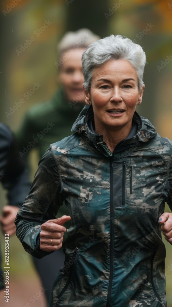 An aged woman is running in the rain, with a group of people following closely behind her An aged woman is running in the rain, with a group of people following closely behind her