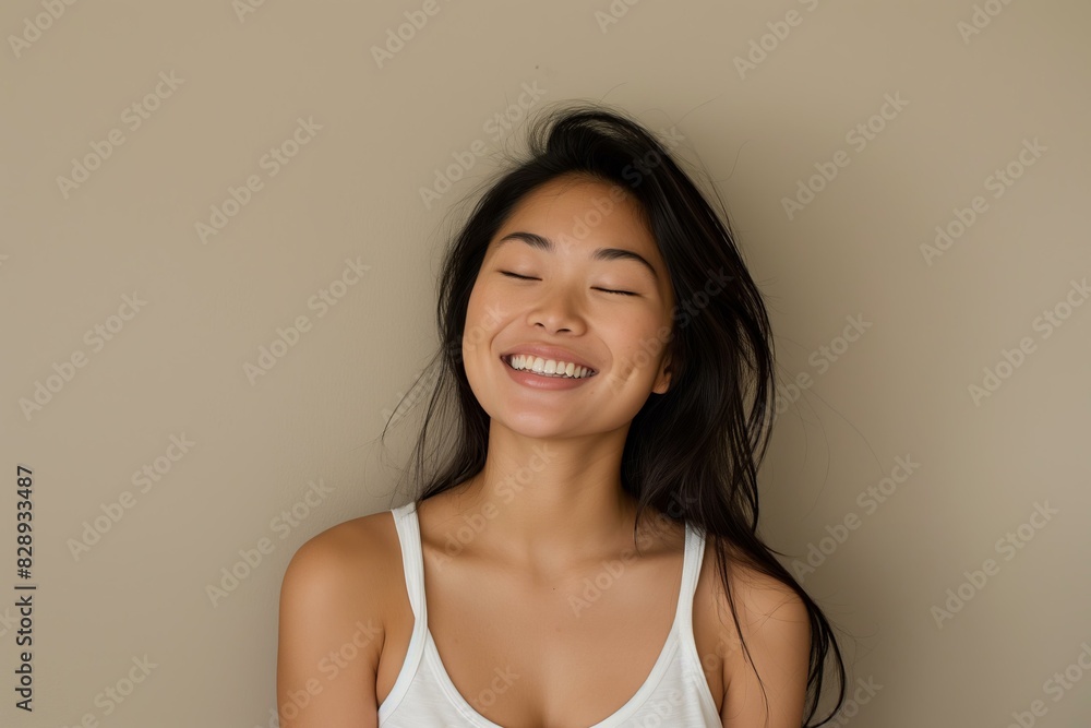 young Asian woman smiling with her eyes closed, wearing a white tank top, beige background young Asian woman smiling with her eyes closed, wearing a white tank top, beige background