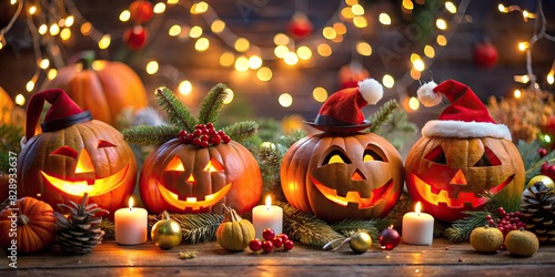 glowing pumpkins donning Santa hats in festive setting of candles, pine cones, and twinkling Christmas lights