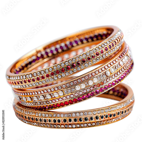 Stack of Decorative Bangles with Embedded Stones Isolated without Background