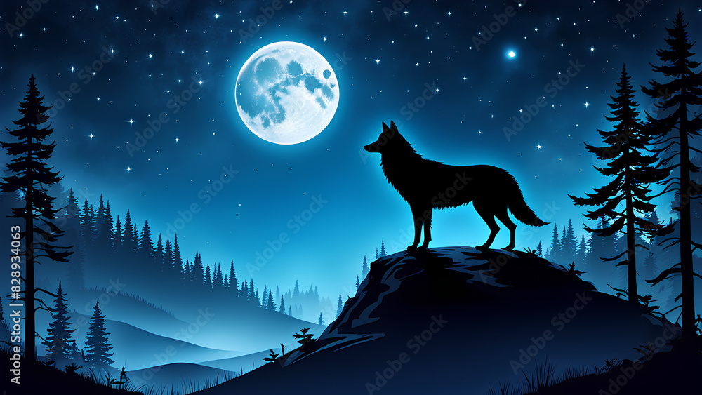 Serene forest scene at night, featuring the silhouette of a lone wolf standing on a hill. Serene forest scene at night, featuring the silhouette of a lone wolf standing on a hill.