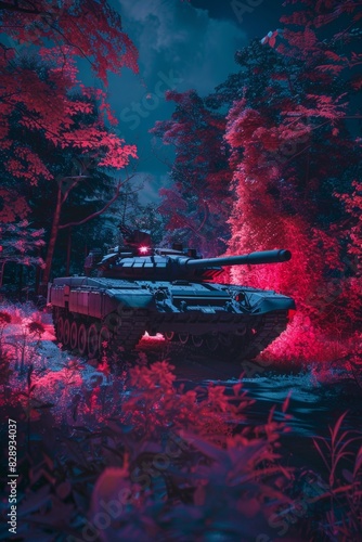 Infrared view of an M1 Abrams tank moving through a dark forest at night  its heat signature glowing eerily