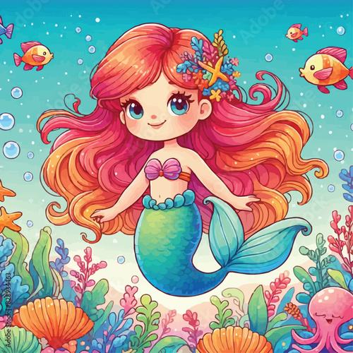 A little Mermaid swimming in the underwater sea