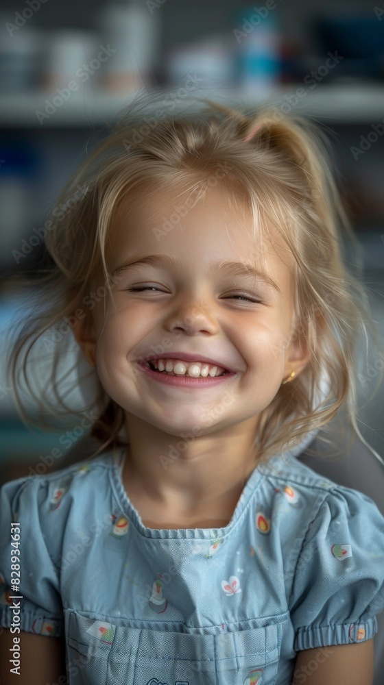 A young girl joyfully smiles at the camera A young girl joyfully smiles at the camera