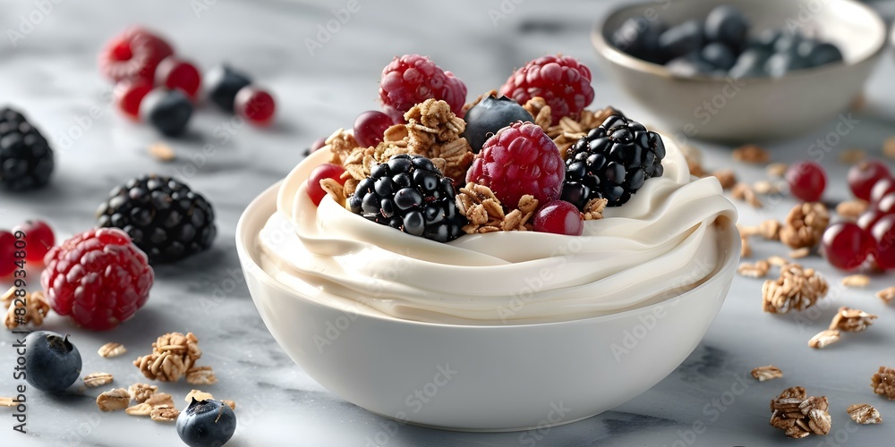 Creamy Greek yogurt with granola and fresh berries A delicious breakfast option. Concept Greek Yogurt, Granola, Berries, Breakfast Option Creamy Greek yogurt with granola and fresh berries A delicious breakfast option. Concept Greek Yogurt, Granola, Berries, Breakfast Option