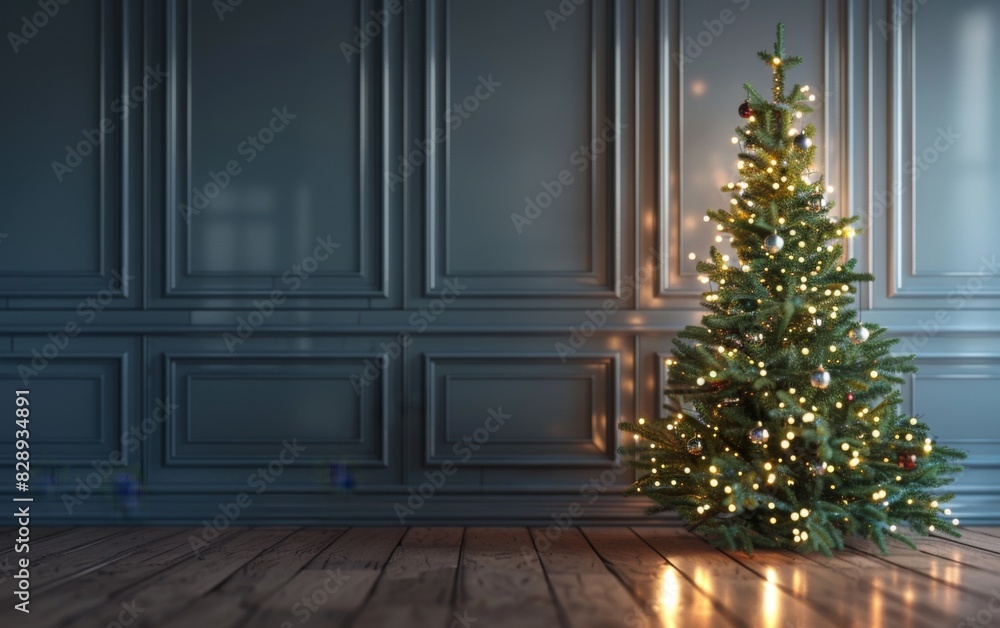 A brightly lit Christmas tree stands on a wooden floor, illuminating the room with festive cheer A brightly lit Christmas tree stands on a wooden floor, illuminating the room with festive cheer