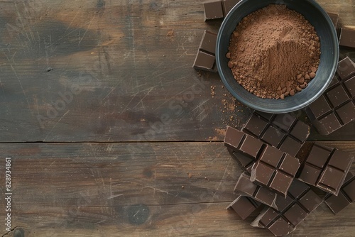 A minimalist composition of geometrically broken chocolate bars and a small bowl of cocoa powder arranged on a sleek wooden surface photo