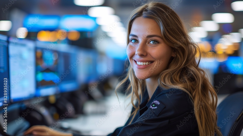 A young female logistics manager smiles at her workplace near the monitors. Generative ai A young female logistics manager smiles at her workplace near the monitors. Generative ai