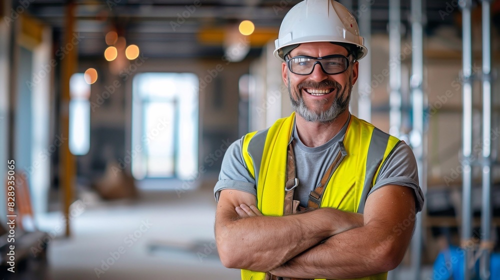 A construction worker in a building under construction wearing a helmet and safety goggles smiles. Generative ai A construction worker in a building under construction wearing a helmet and safety goggles smiles. Generative ai