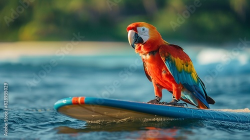 bright parrot surfboarding on the background of a tropical island Summer vacation concept. Generative ai photo