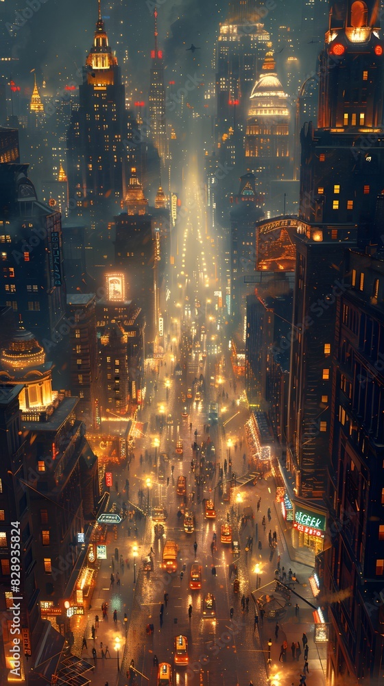 Obraz premium skyscrapers towering over bustling streets in a busy urban environment with traffic, crowded sidewalks, and modern buildings creating a vibrant cityscape