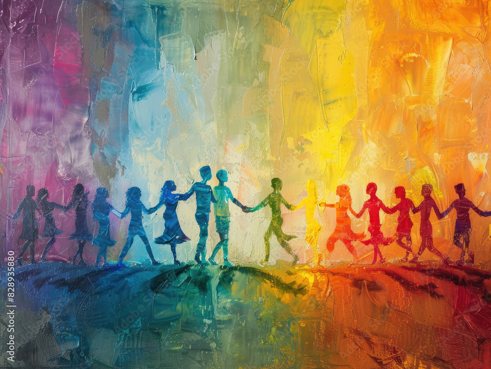 Fototapeta premium Vibrant painting of diverse figures holding hands against a rainbow-colored background, symbolizing unity, diversity, and harmony.