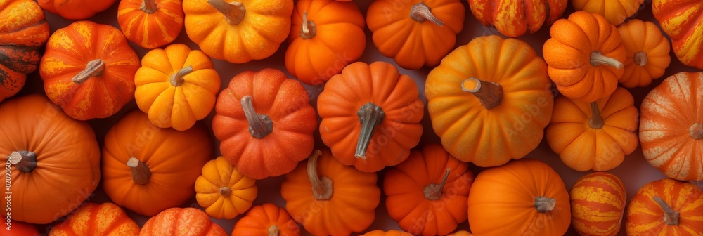 Flat lay of various pumpkins showcasing autumn harvest and diversity in color and size Flat lay of various pumpkins showcasing autumn harvest and diversity in color and size