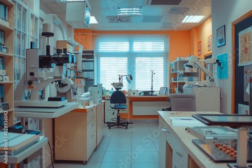An ophthalmologist clinic with various diagnostic equipment eye models and educational posters on the walls