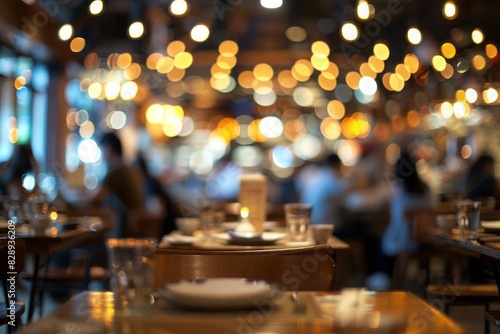 A blurred background of the busy restaurant interior