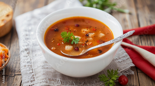 Soup with meat, croutons and vegetables