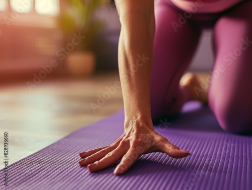 Woman Practicing Yoga Plank Pose Indoors with close up of hands, push up photo