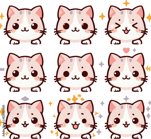 Cute little cat icon illustration with nine facial expressions in mistyrose pastel colors