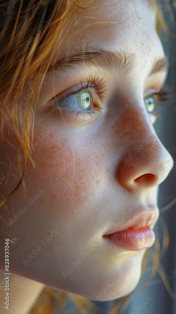 Fototapeta premium Detailed close-up of a teenage girl with freckles on her face appearing pensive and contemplative