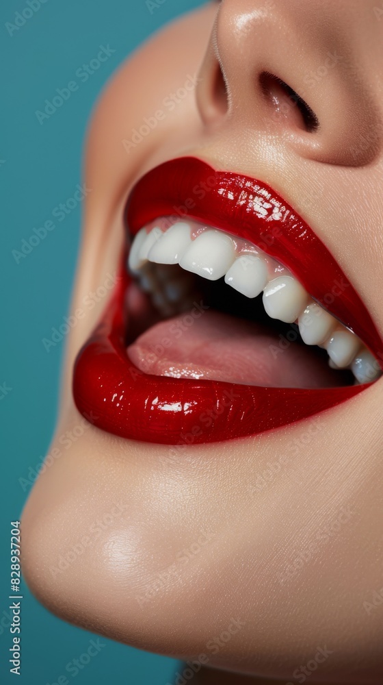 Obraz premium A detailed view of a womans open mouth showcasing vibrant red lipstick