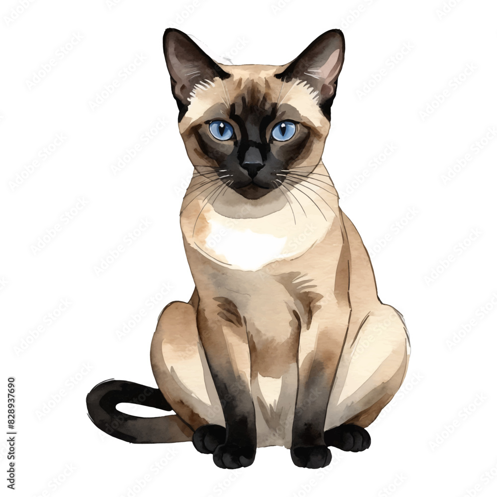 Siamese Cat Hand Drawn Watercolor Painting Illustration