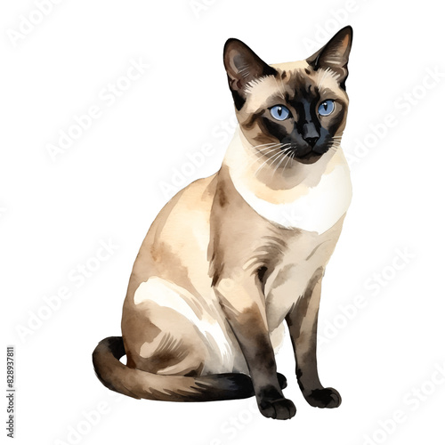 Siamese Cat Hand Drawn Watercolor Painting Illustration