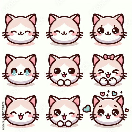 Sweet little cat icon set with nine face expressions in color pastel tones