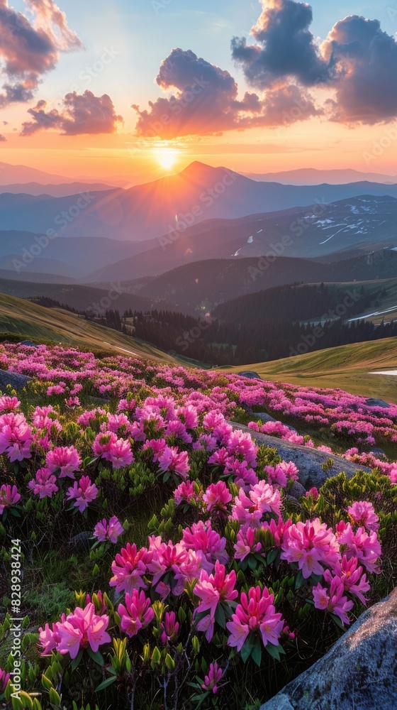 Obraz premium A field of colorful flowers with the sun setting in the background, creating a warm glow over the landscape