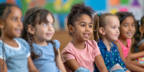 Diverse group of preschool children sitting together, focused and engaged in a classroom setting