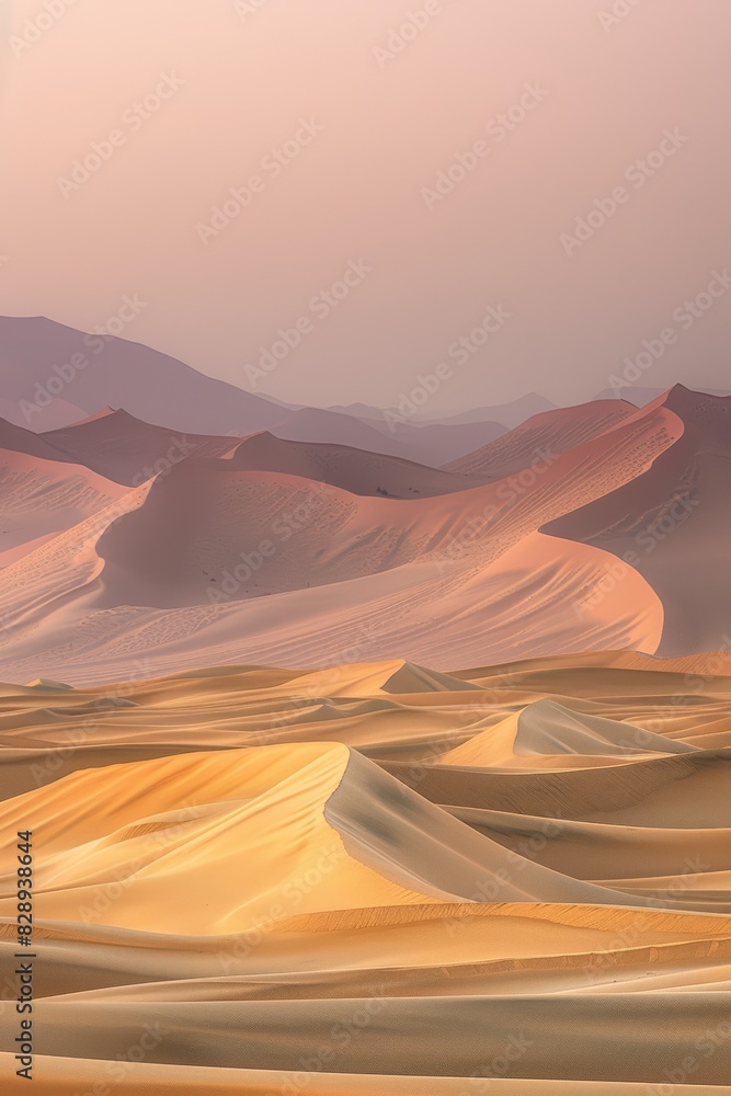 Naklejka premium Peaceful desert dunes with soft lighting, creating a serene and calming background