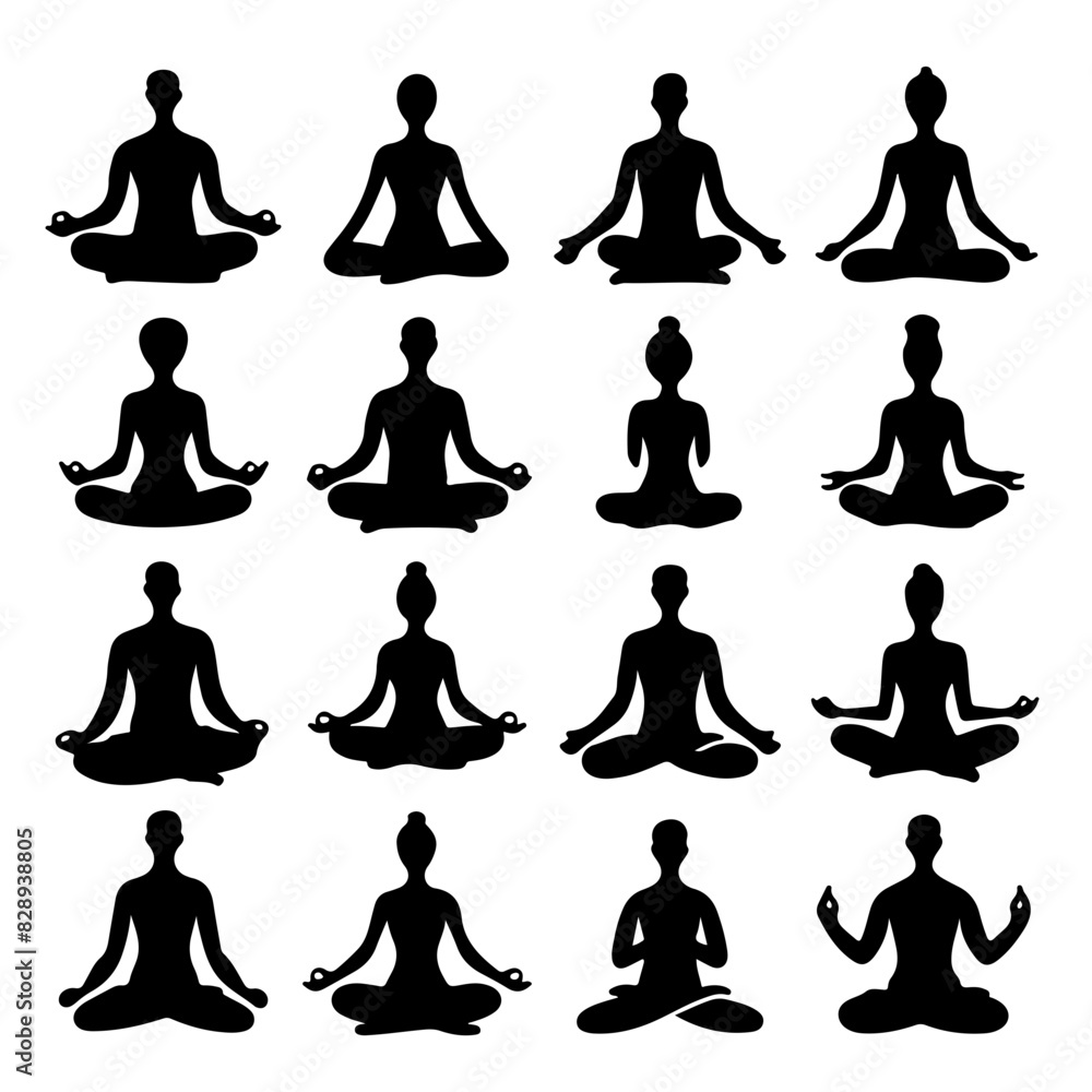 set of yoga and meditation silhouettes poses set of yoga and meditation silhouettes poses